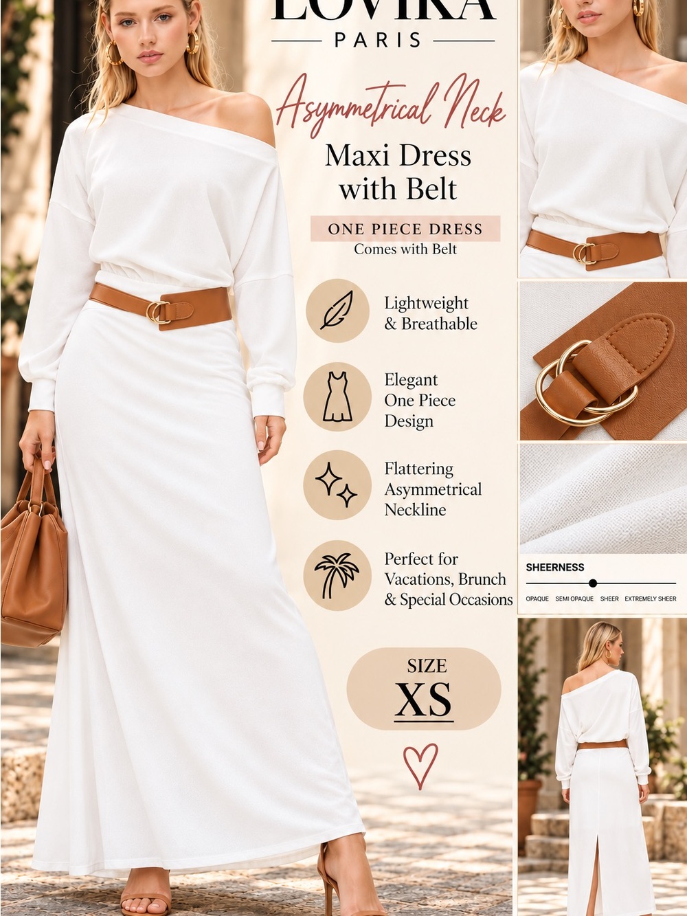 Cider White Asymmetrical Neck Maxi Dress with Tan Belt
